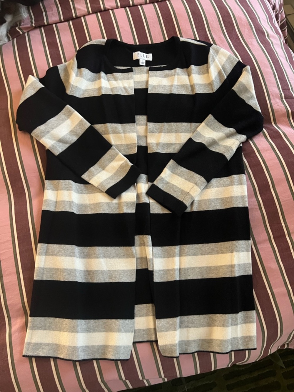 ELLE Black, Gray & Cream Striped Open-Front Cardigan